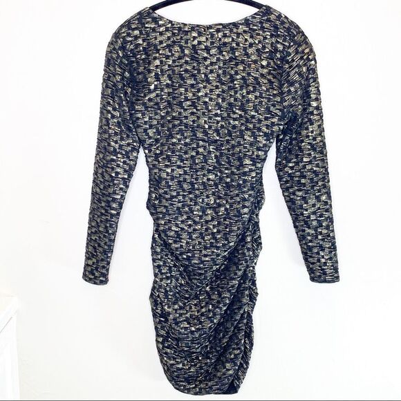 T-Bags Los Angeles Gold Black Long Sleeve Ruched Wiggle Dress - Picture 2 of 7